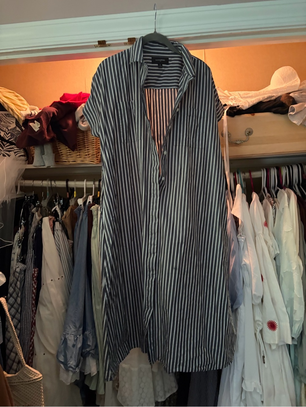 Women’s Striped Button-Down Shirt Dress - Navy/White